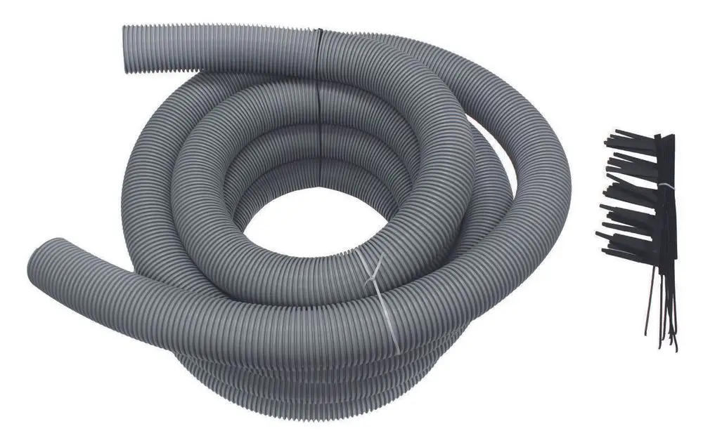 Graue, flexible Abgasleitung, aufgerollt und mit Bindeband, geeignet für Anwendungen im Bereich Heizung und Abluft, z.B. von Vaillant.